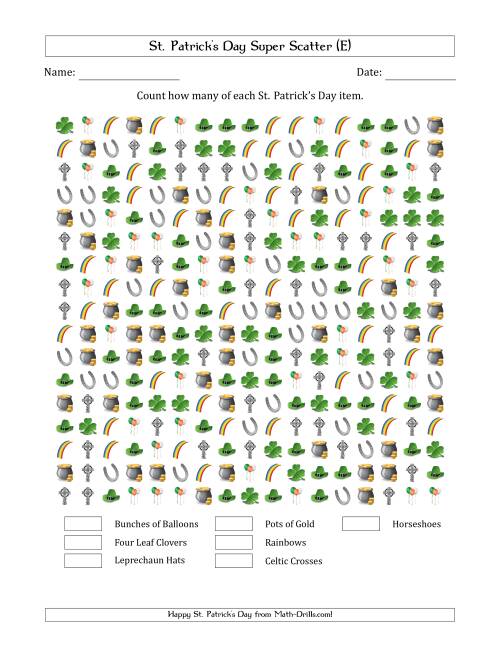 The Counting St. Patrick's Day Items in Super Scattered Arrangements (100 Percent Full) (E) Math Worksheet