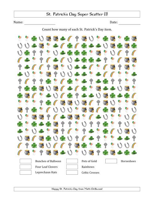 The Counting St. Patrick's Day Items in Super Scattered Arrangements (100 Percent Full) (I) Math Worksheet