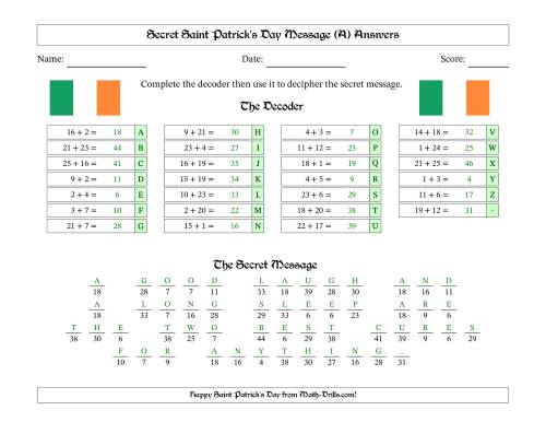 The Secret Saint Patrick's Day Message Addends 1 to 25 Irish Flag Math Worksheet Page 2