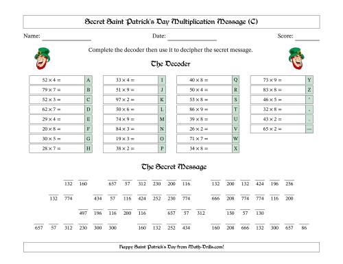 The Secret Saint Patrick's Day Message Two-Digit by One-Digit Multiplication Leprechaun Math Worksheet