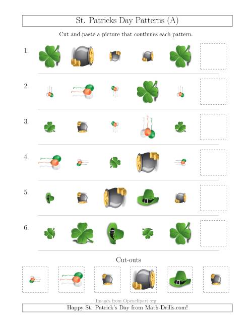 The St. Patrick's Day Picture Patterns with Shape, Size and Rotation Attributes (A) Math Worksheet