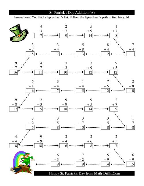The St. Patrick's Day Follow the Leprechaun One-Digit Addition (A) Math Worksheet Page 2