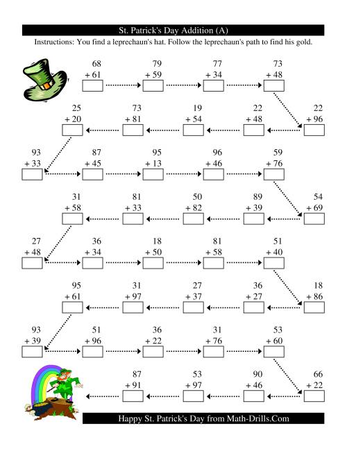 The St. Patrick's Day Follow the Leprechaun Two-Digit Addition (A) Math Worksheet
