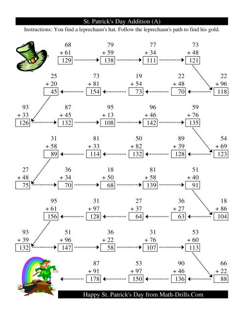 The St. Patrick's Day Follow the Leprechaun Two-Digit Addition (A) Math Worksheet Page 2