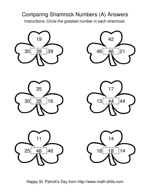 The St. Patrick's Day Comparing Numbers to 50 in Shamrocks (A) Math Worksheet Page 2