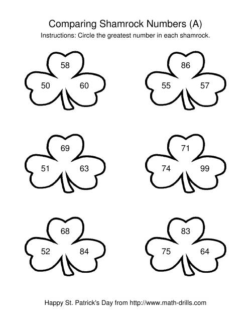 The St. Patrick's Day Comparing Numbers to 100 in Shamrocks (A) Math Worksheet
