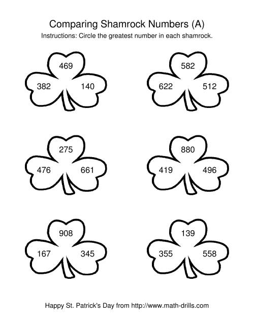 The St. Patrick's Day Comparing Numbers to 1000 in Shamrocks (A) Math Worksheet