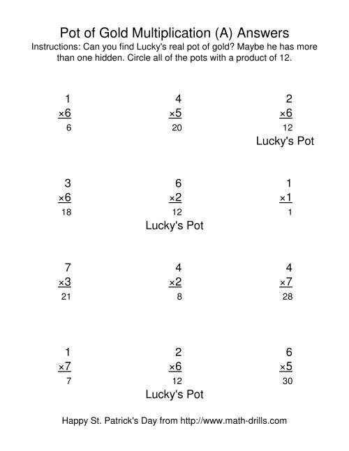 The St. Patrick's Day Multiplication Facts to 49 -- Lucky's Pot of Gold (A) Math Worksheet Page 2