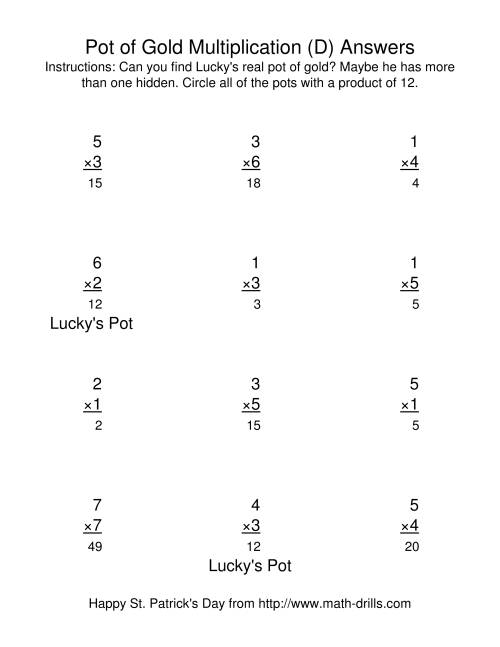 The St. Patrick's Day Multiplication Facts to 49 -- Lucky's Pot of Gold (D) Math Worksheet Page 2