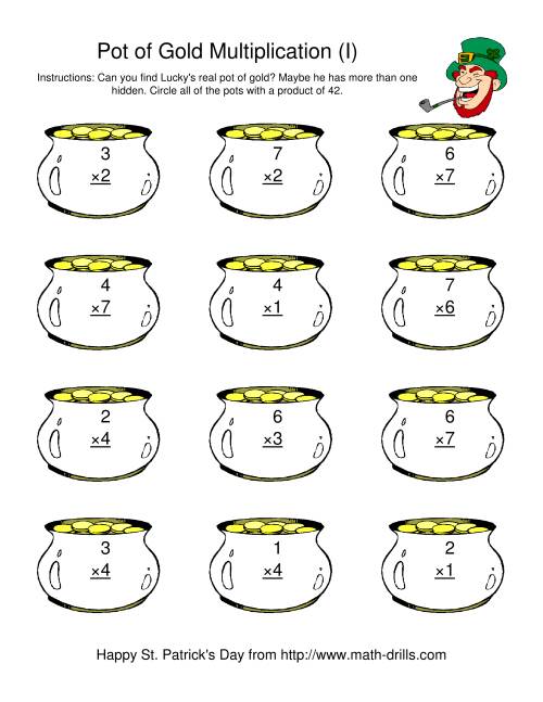 The St. Patrick's Day Multiplication Facts to 49 -- Lucky's Pot of Gold (I) Math Worksheet