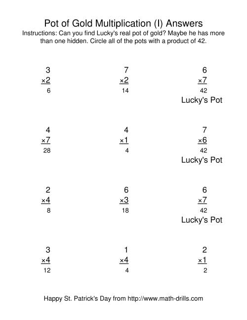 The St. Patrick's Day Multiplication Facts to 49 -- Lucky's Pot of Gold (I) Math Worksheet Page 2