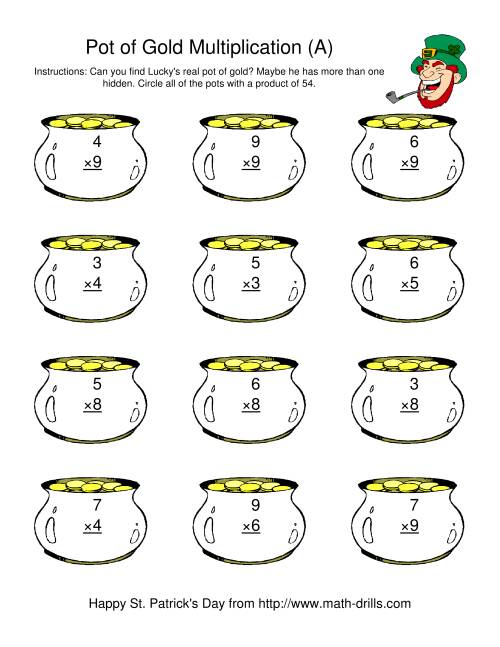 The St. Patrick's Day Multiplication Facts to 81 -- Lucky's Pot of Gold (A) Math Worksheet