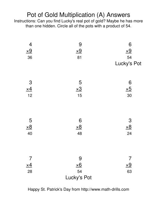 The St. Patrick's Day Multiplication Facts to 81 -- Lucky's Pot of Gold (A) Math Worksheet Page 2