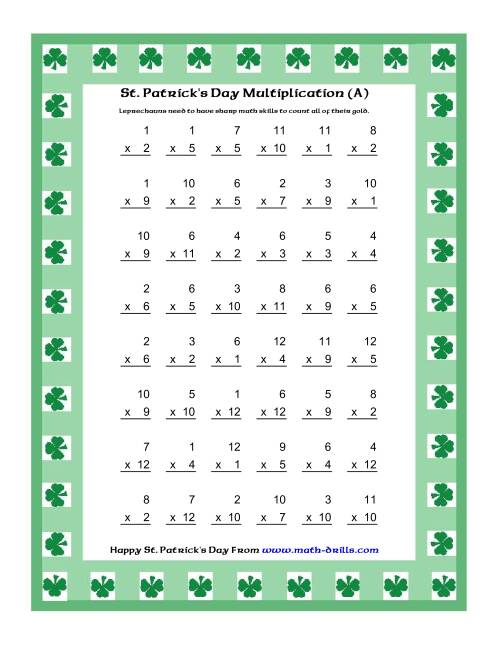 The St. Patrick's Day Multiplication Facts to 144 -- Shamrock Border Theme (A) Math Worksheet