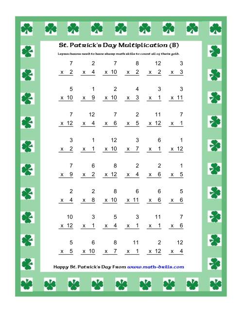 The St. Patrick's Day Multiplication Facts to 144 -- Shamrock Border Theme (B) Math Worksheet
