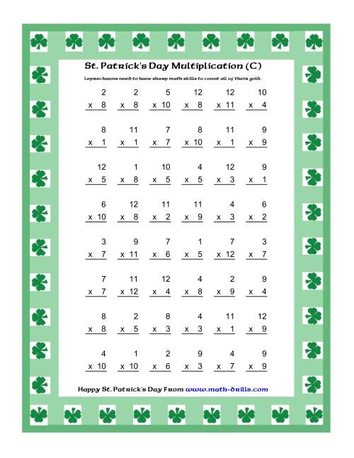 The St. Patrick's Day Multiplication Facts to 144 -- Shamrock Border Theme (C) Math Worksheet