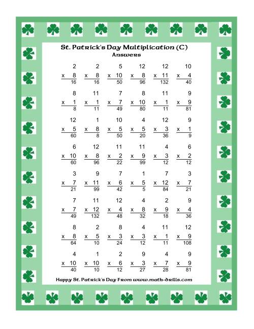 The St. Patrick's Day Multiplication Facts to 144 -- Shamrock Border Theme (C) Math Worksheet Page 2