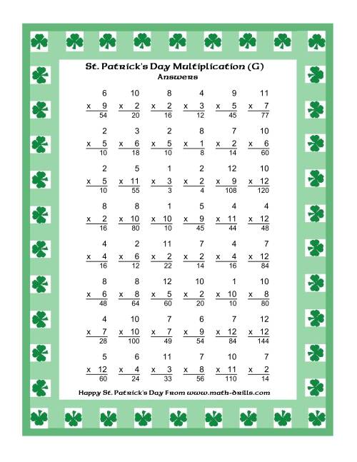 The St. Patrick's Day Multiplication Facts to 144 -- Shamrock Border Theme (G) Math Worksheet Page 2