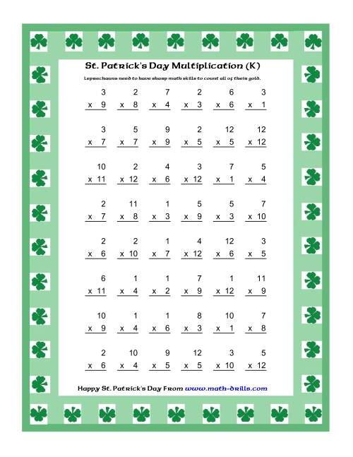 The St. Patrick's Day Multiplication Facts to 144 -- Shamrock Border Theme (K) Math Worksheet