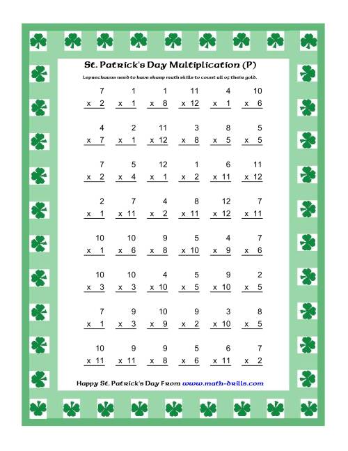 The St. Patrick's Day Multiplication Facts to 144 -- Shamrock Border Theme (P) Math Worksheet