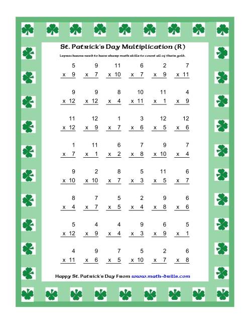 The St. Patrick's Day Multiplication Facts to 144 -- Shamrock Border Theme (R) Math Worksheet