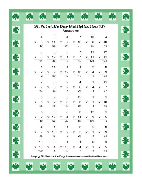 The St. Patrick's Day Multiplication Facts to 144 -- Shamrock Border Theme (U) Math Worksheet Page 2