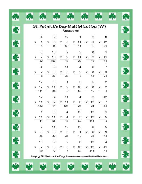 The St. Patrick's Day Multiplication Facts to 144 -- Shamrock Border Theme (W) Math Worksheet Page 2
