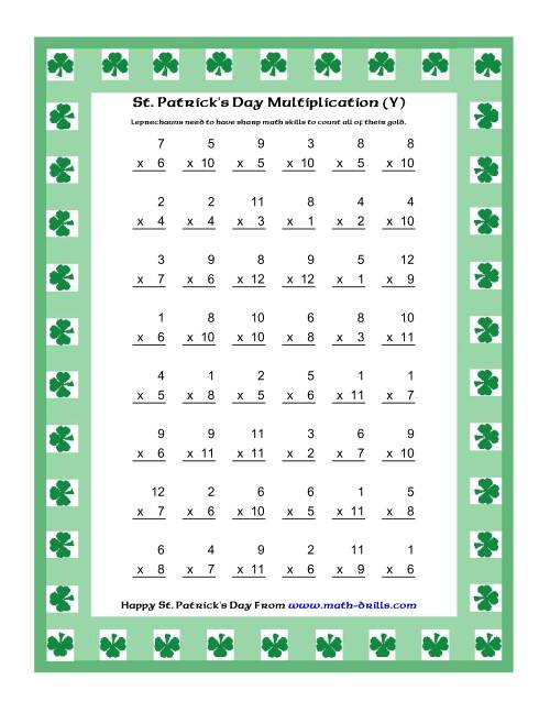 The St. Patrick's Day Multiplication Facts to 144 -- Shamrock Border Theme (Y) Math Worksheet