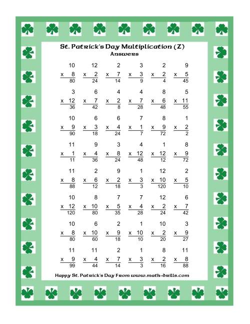 The St. Patrick's Day Multiplication Facts to 144 -- Shamrock Border Theme (Z) Math Worksheet Page 2