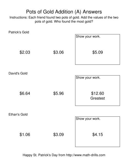 The St. Patrick's Day Adding Money to $20.00 -- Pots of Gold (A) Math Worksheet Page 2