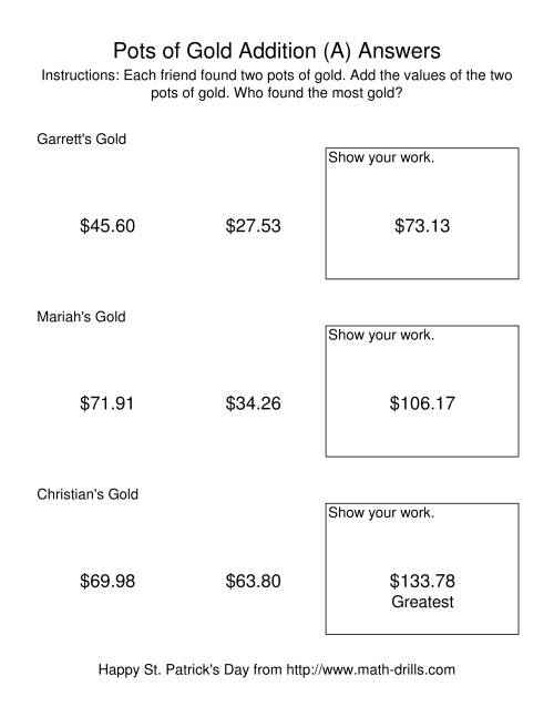 The St. Patrick's Day Adding Money to $200.00 -- Pots of Gold (A) Math Worksheet Page 2