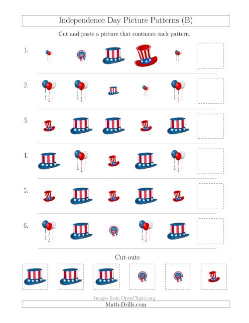 The Independence Day Picture Patterns with Shape and Size Attributes (B) Math Worksheet
