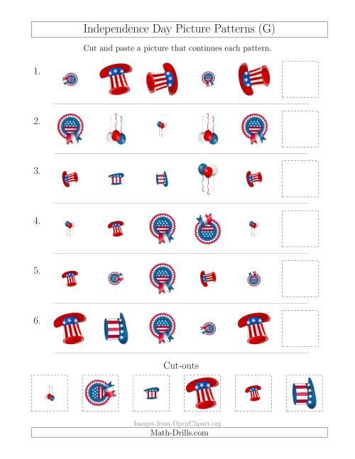 The Independence Day Picture Patterns with Shape, Size and Rotation Attributes (G) Math Worksheet