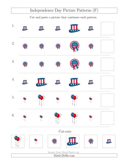 The Independence Day Picture Patterns with Size Attribute Only (F) Math Worksheet