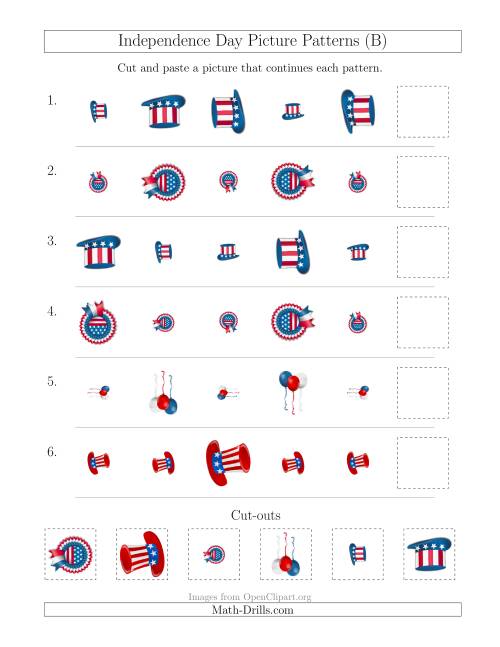 The Independence Day Picture Patterns with Size and Rotation Attributes (B) Math Worksheet