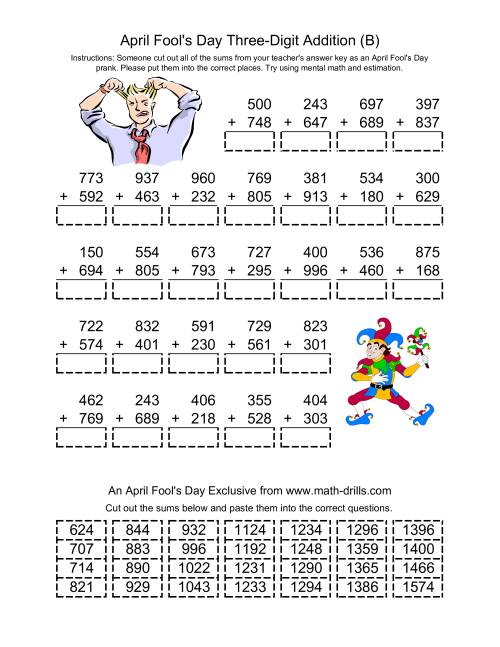 The April Fool's Day Addition (B) Math Worksheet
