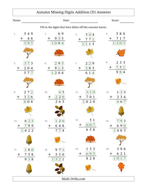 The Autumn Missing Digits Addition (Easier Version) (D) Math Worksheet Page 2