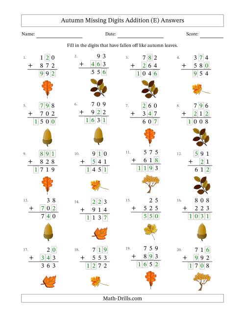 The Autumn Missing Digits Addition (Easier Version) (E) Math Worksheet Page 2