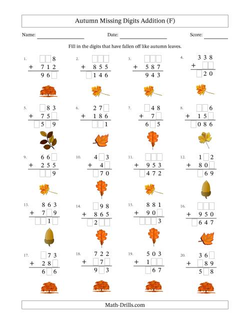 The Autumn Missing Digits Addition (Easier Version) (F) Math Worksheet