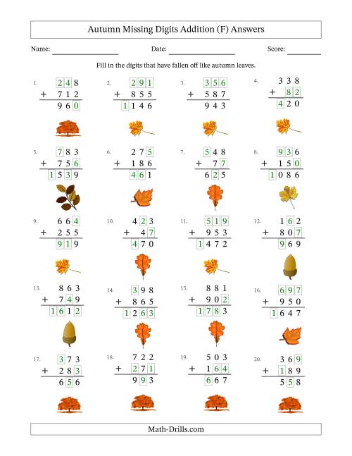 The Autumn Missing Digits Addition (Easier Version) (F) Math Worksheet Page 2