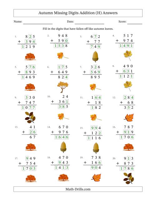 The Autumn Missing Digits Addition (Easier Version) (H) Math Worksheet Page 2