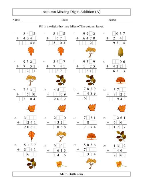 The Autumn Missing Digits Addition (Harder Version) (A) Math Worksheet