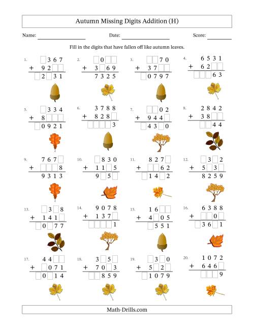 The Autumn Missing Digits Addition (Harder Version) (H) Math Worksheet