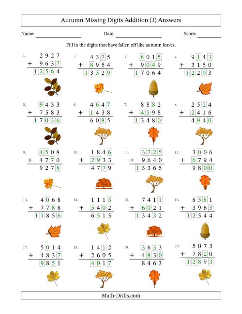 The Autumn Missing Digits Addition (Harder Version) (J) Math Worksheet Page 2