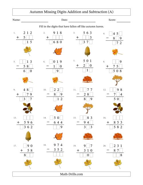The Autumn Missing Digits Addition and Subtraction (Easier Version) (All) Math Worksheet
