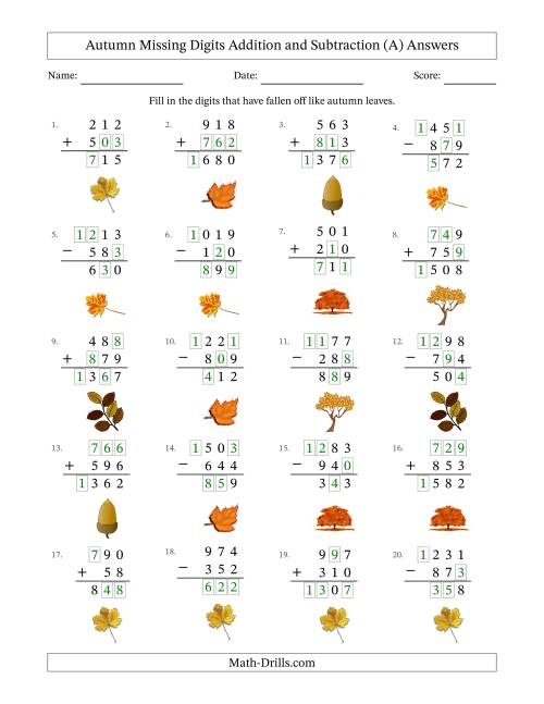 The Autumn Missing Digits Addition and Subtraction (Easier Version) (All) Math Worksheet Page 2