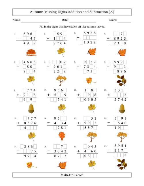 The Autumn Missing Digits Addition and Subtraction (Harder Version) (A) Math Worksheet