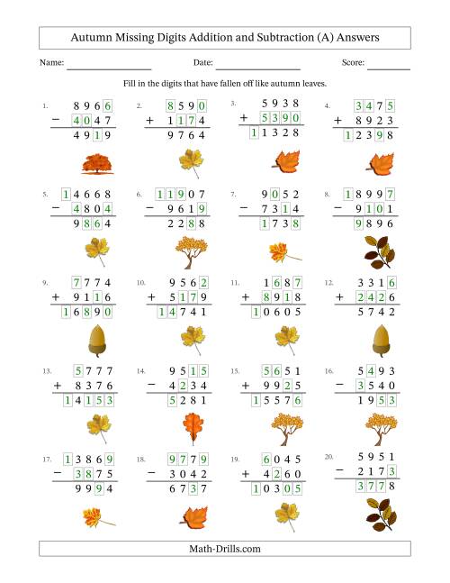 The Autumn Missing Digits Addition and Subtraction (Harder Version) (A) Math Worksheet Page 2