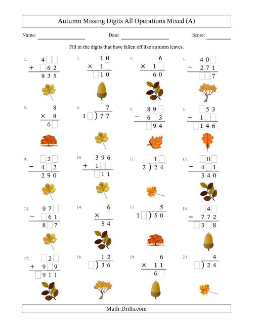 The Autumn Missing Digits All Operations Mixed (Easier Version) (A) Math Worksheet