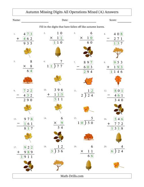 The Autumn Missing Digits All Operations Mixed (Easier Version) (A) Math Worksheet Page 2
